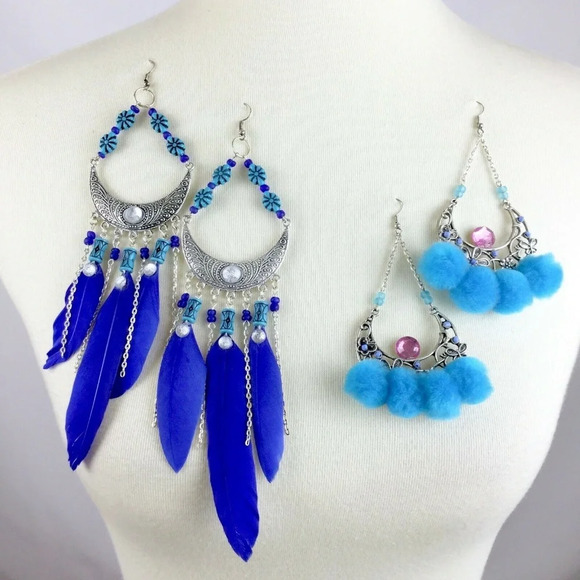 Handcrafted Jewelry - OOAK Artsy Wild Boho Statement Earrings Dangle Feathers Poms Handmade